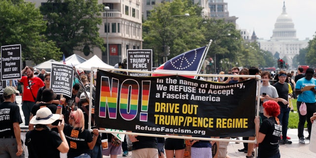 Counterprotesters rally in Freedom Plaza on Pennsylvania Avenue in Washington D.C. Sunday.