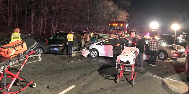 Officials said a 20-car pileup on a Maryland interstate on Monday was caused after a truck carrying stones and gravel lost its load.