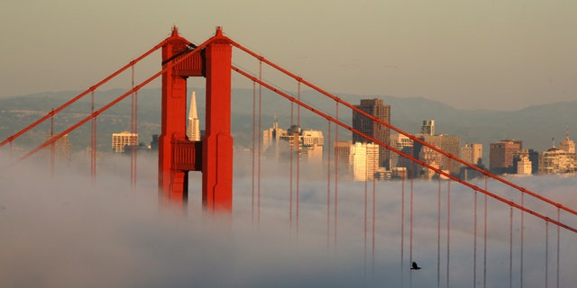 FILE: April 18, 2009: The skyline of San Francisco and the Golden Gate Bridge appear above the evening fog in Sausalito, Calif.