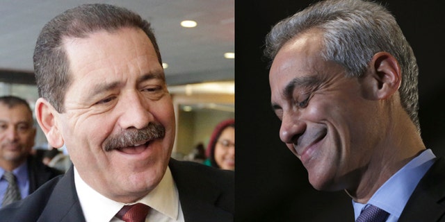 Left: Chicago mayoral candidate, Cook County Commissioner Jesus "Chuy" Garcia on Monday, Feb. 23, 2015, in Chicago.(AP Photo/M. Spencer Green) Right: Chicago Mayor Rahm Emanuel on Tuesday, Feb. 24, 2015, in Chicago. (AP Photo/Charles Rex Arbogast)