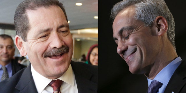 Left: Chicago mayoral candidate, Cook County Commissioner Jesus "Chuy" Garcia on Monday, Feb. 23, 2015, in Chicago.(AP Photo/M. Spencer Green) Right: Chicago Mayor Rahm Emanuel on Tuesday, Feb. 24, 2015, in Chicago. (AP Photo/Charles Rex Arbogast)