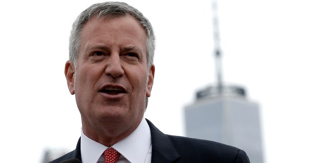 New York City Mayor Bill de Blasio is seen speaking in Brooklyn.