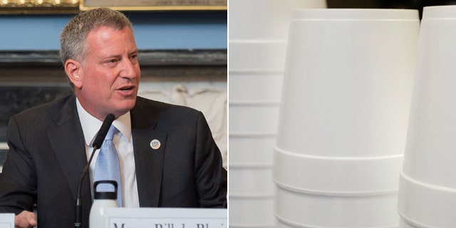 This July 31, 2014 file photo provided by the New York City Mayoral Photography Office shows New York Mayor Bill de Blasio and this Feb. 14, 2013 file photo shows foam soup containers stacked in a New York restaurant.