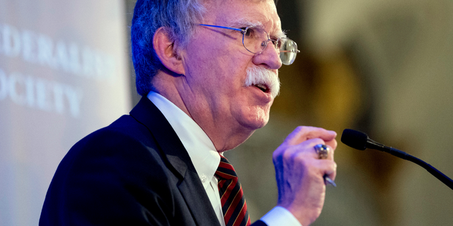 National Security Adviser John Bolton speaks at a Federalist Society luncheon at the Mayflower Hotel, Monday, Sept. 10, 2018, in Washington. (AP Photo/Andrew Harnik)