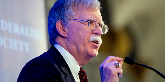 National Security Adviser John Bolton speaks at a Federalist Society luncheon at the Mayflower Hotel, Monday, Sept. 10, 2018, in Washington. (AP Photo/Andrew Harnik)