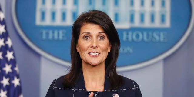U.S. Ambassador to the UN Nikki Haley speaks to the media during the daily briefing in the Brady Press Briefing Room of the White House in Washington, Monday, April 24, 2017. (AP Photo/Pablo Martinez Monsivais)