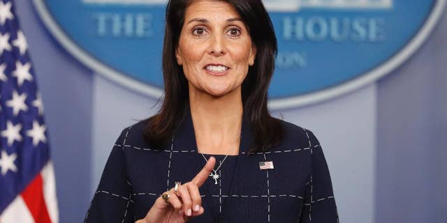 U.S. Ambassador to the UN Nikki Haley speaks to the media during the daily briefing in the Brady Press Briefing Room of the White House in Washington, Monday, April 24, 2017. (AP Photo/Pablo Martinez Monsivais)