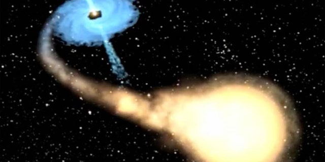 An artist’s illustration of a white dwarf (foreground) interacting with a black hole. Credit: A. Hobart/NASA/CXC