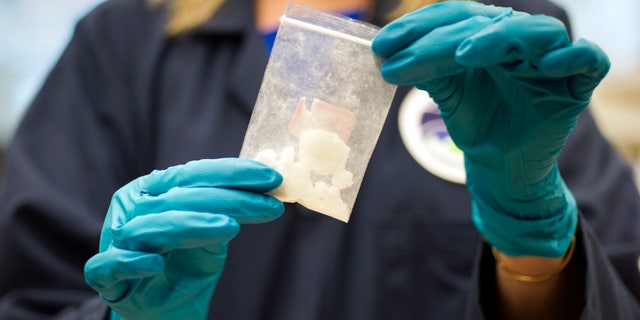 FILE -- In this Aug. 9, 2016, photo, a bag of 4-fluoroisobutyrylfentanyl, which was seized in a drug raid, is displayed at the Drug Enforcement Administration (DEA) Special Testing and Research Laboratory in Sterling, Va.