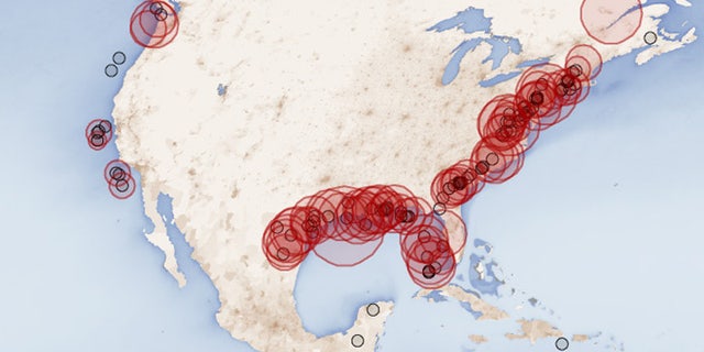 Red circles represent the known aquatic dead zones of North America.