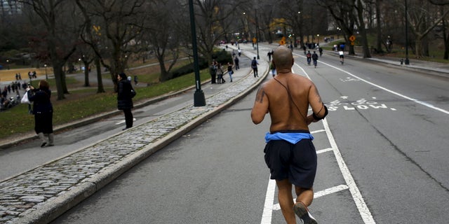 A man jogs during a warm day in Central Park, New York Dec. 25, 2015. (REUTERS/Eduardo Munoz)