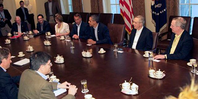 Sunday: House Minority Whip Steny Hoyer, House Majority Leader Eric Cantor, House Democratic Leader Nancy Pelosi, House Speaker John Boehner, President Obama, Senate Majority Leader Harry Reid and Senate Minority Leader Mitch McConnell meet in the Cabinet Room of the White House to discuss the deficit.