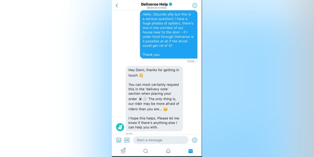 Sweeney then messaged Deliveroo customer service to see if her spider-killing needs could be met.