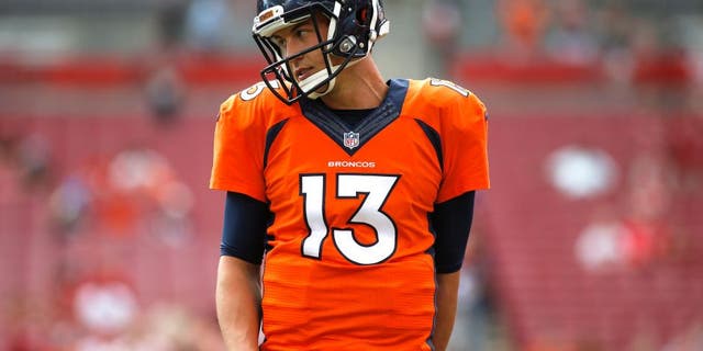 TAMPA, FL - OCTOBER 2: Quarterback Trevor Siemian #13 of the Denver Broncos warms up before the start of an NFL game against the Tampa Bay Buccaneers on October 2, 2016 at Raymond James Stadium in Tampa, Florida. (Photo by Brian Blanco/Getty Images)