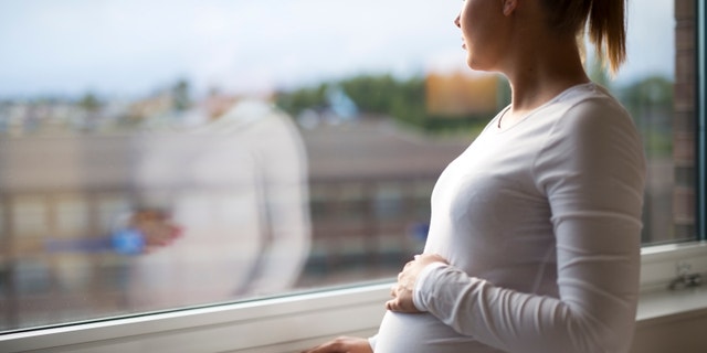 Thoughtful pregnant woman looks out the window home. Holding a hand on the tummy. Mental health and pregnancy.