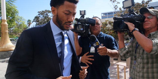 Oct. 6, 2016: New York Knicks basketball player Derrick Rose arrives at U.S. District Court in downtown Los Angeles.
