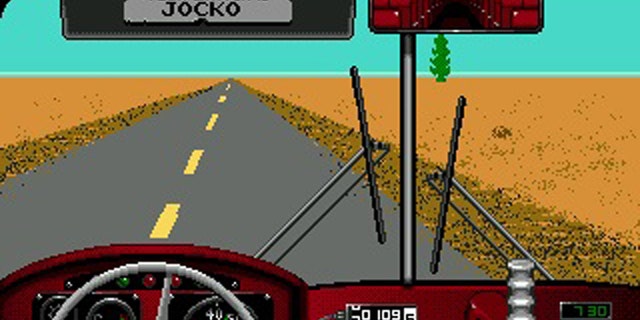 A screenshot from Desert Bus, an unreleased video game from comedians Penn and Teller that tasks the player with the most boring drive imaginable.