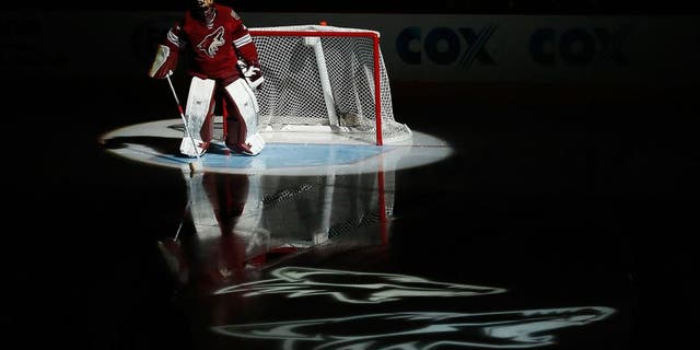 GLENDALE, AZ - FEBRUARY 07: Goaltender Mike Smith #41 of the Arizona Coyotes is introduced before the NHL game against the Detroit Red Wings at Gila River Arena on February 7, 2015 in Glendale, Arizona. (Photo by Christian Petersen/Getty Images)
