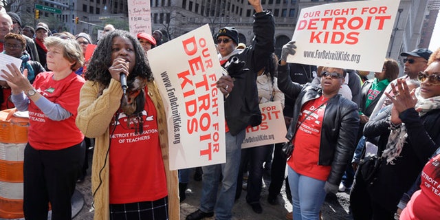 Detroit Federation of Teachers President Ivy Bailey outside the school district's headquarters on Tuesday.