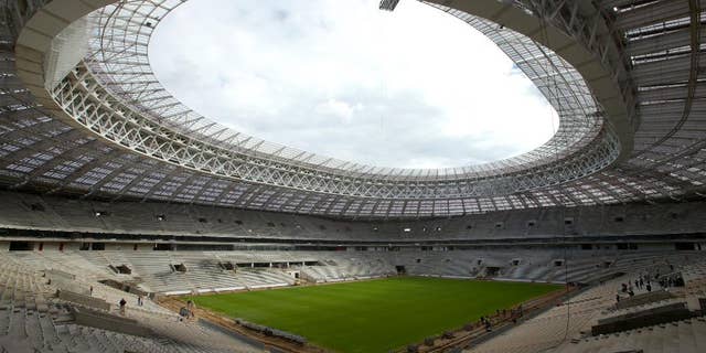 FILE - In this Wednesday, Sept. 7, 2016 file photo, a view of the Luzhniki stadium, which is undergoing a major rebuild to be ready to host the 2018 World Cup final, in Moscow, Russia. FIFA has disbanded its anti-racism task force, declaring the work complete despite ongoing concerns about discriminatory behavior in 2018 World Cup host Russia. (AP Photo/Ivan Sekretarev, File)