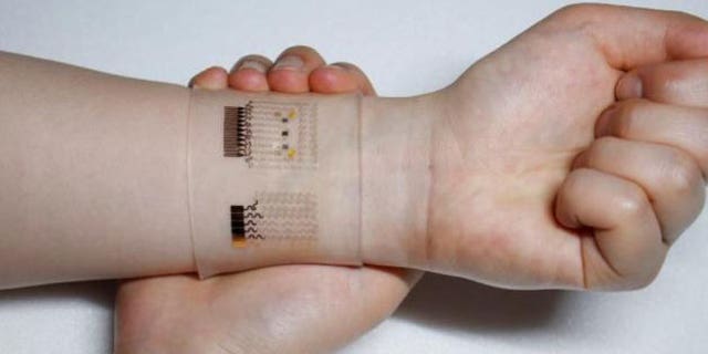 An optical image of the GP-hybrid electrochemical device array on the human skin.
