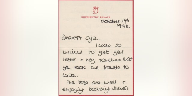 Princess Diana's letter to Buckingham Palace Head Steward Cyril Dickman on Oct. 17, 1992 (Cheffins Fine Art).