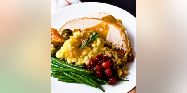 Traditional turkey dinner with cranberry sauce and stuffing and all the trimmings.