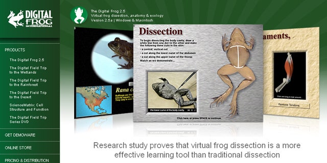 The website for The Digital Frog, software that lets students virtually dissect frogs.