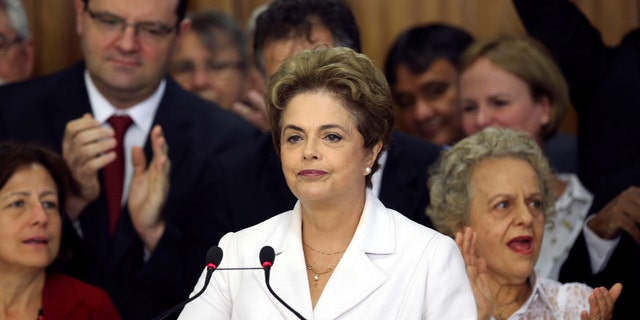 May 12, 2016: Suspended Brazilian President Dilma Rousseff addresses the audience after the Brazilian Senate voted to impeach her for breaking budget laws, at Planalto Palace in Brasilia, Brazil.