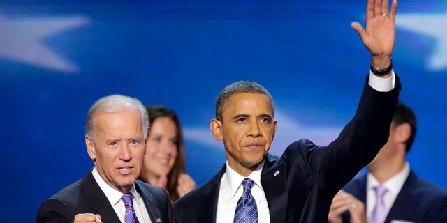 Sept. 6, 2012: Vice President Joe Biden and President Barack Obama wave to the delegates after President Obama's speech to the Democratic National Convention in Charlotte, N.C.