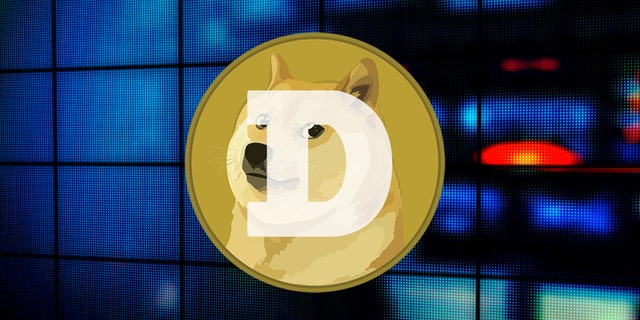 The logo for virtual currency "dogecoin" features the lovely mutt on a backdrop of gold.