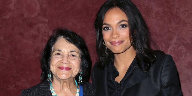 LOS ANGELES, CA - MARCH 28: Labor leader and civil rights activist Dolores Huerta (L) and actress Rosario Dawson, who plays Huerta in the film, attend a screening of "Cesar Chavez" at Landmark Theatres on March 28, 2014 in Los Angeles, California. (Photo by David Livingston/Getty Images)
