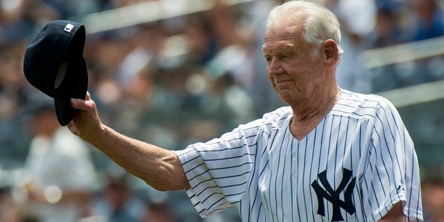 Don Larsen tips his cap to the crowd at Old-Timers Day at Yankee Stadium in 2011.