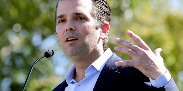 FILE - In this Friday, Nov. 4, 2016 file photo, Donald Trump Jr. campaigns for his father Republican presidential candidate Donald Trump in Gilbert, Ariz. Donald Trumpââ¬â¢s eldest son, son-in-law and then-campaign chairman met with a Russian lawyer shortly after Trump won the Republican nomination, in what appears to be the earliest known private meeting between key aides to the president and a Russian. Representatives of Donald Trump Jr. and Jared Kushner confirmed the June 2016 meeting to The Associated Press after The New York Times reported Saturday, July 8, 2017 on the gathering of the men and Russian lawyer Natalia Veselnitskaya at Trump Tower. (AP Photo/Matt York, File)