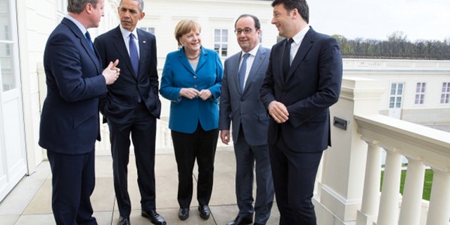 From left to right: This picture shows then-UK Prime Minister David Cameron, President Obama, German Chancellor Angela Merkel, French President Francois Hollande and Italian Prime Minister Matteo Renzi at the G5 summit in April in Hannover, Germany
