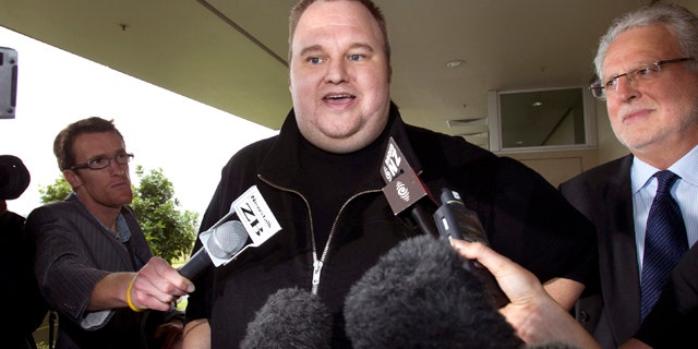 Feb. 22, 2012: Kim Dotcom, the founder of the file-sharing website Megaupload, comments after he was granted bail and released in Auckland, New Zealand.