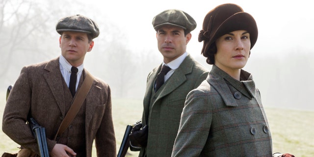 From left, Allen Leech as Tom Branson, Tom Cullen as Lord Gillingham, and Michelle Dockery as Lady Mary, in a scene from season 5 of "Downton Abbey."