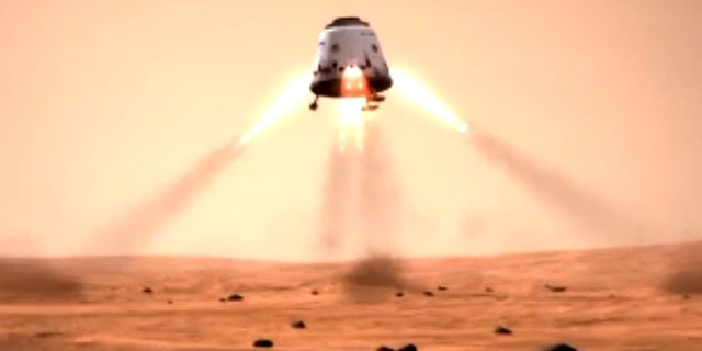 This still from a SpaceX mission concept video shows a Dragon space capsule landing on the surface of Mars. SpaceX's Dragon is a privately built space capsule to carry unmanned payloads, and eventually astronauts, into space.