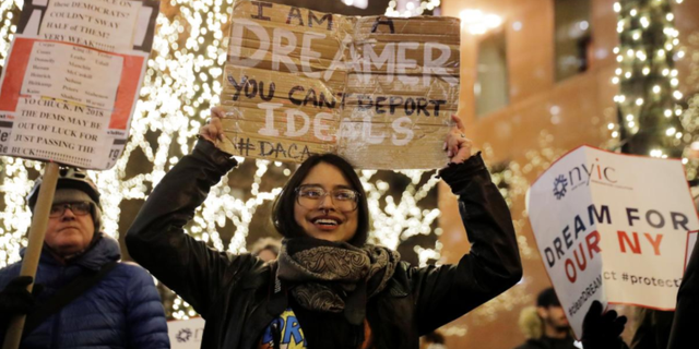 DACA participant Gloria Mendoza and others demonstrate in support of the program, in New York City, Jan. 10, 2018.