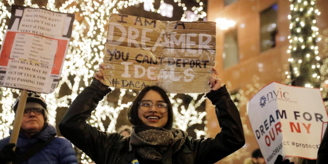 DACA participant Gloria Mendoza and others demonstrate in support of the program, in New York City, Jan. 10, 2018.