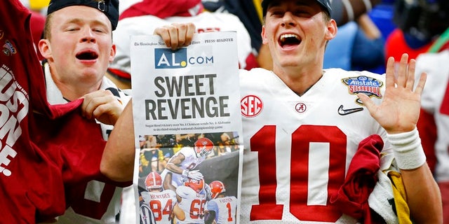 Alabama quarterback Mac Jones (10) celebrates with fans after defeating Clemson in the Sugar Bowl game, in New Orleans, Jan. 1, 2018.