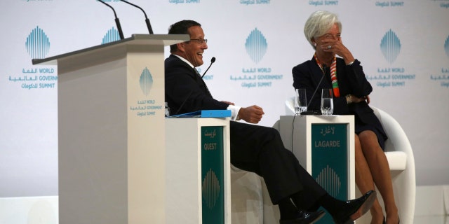 Christine Lagarde, managing director of the International Monetary Fund, reacts to a joke by Richard Quest of CNN in Dubai, United Arab Emirates, Sunday, Feb. 12, 2017.