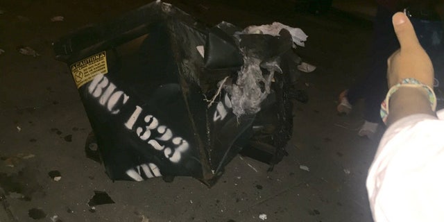 Sept. 17, 2016: This image shows a dented garbage bin that may have contained the explosive device that detonated in Manhattan's Chelsea neigborhood