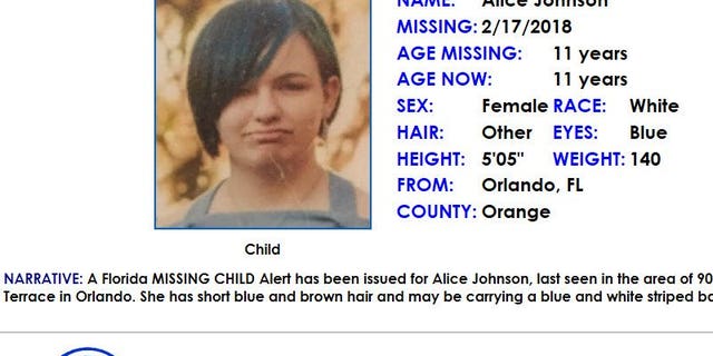 11-year-old Alice Johnson was found Sunday evening after disappearing from her home in Florida.