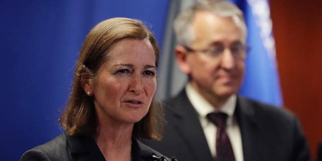 U.S. Attorney Barbara McQuade of the Eastern District of Michigan addresses the media, Friday, Jan. 13, 2017, in Detroit. McQuade announced that Takata Corp. has agreed to plead guilty to a single criminal charge and will pay $1 billion in fines and restitution for a years-long scheme to conceal a deadly defect in its automotive air bag inflators. (AP Photo/Carlos Osorio)