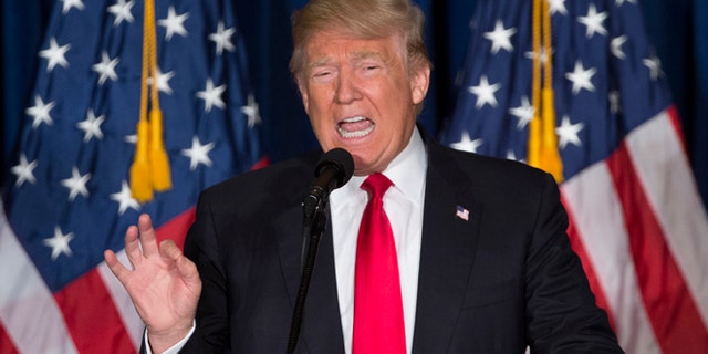 Republican presidential candidate Donald Trump gives a foreign policy speech at the Mayflower Hotel in Washington, Wednesday, April 27, 2016. Trump's highly anticipated foreign policy speech Wednesday will test whether the Republican presidential front-runner, known for his raucous rallies and eyebrow-raising statements, can present a more presidential persona as he works to unite the GOP establishment behind him. (AP Photo/Evan Vucci)