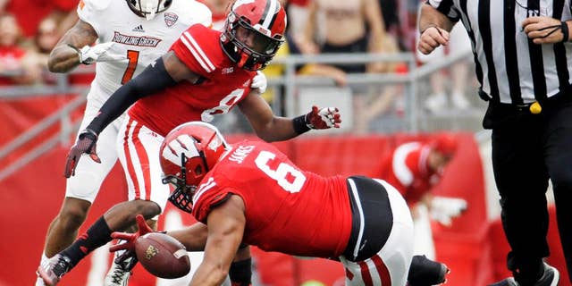 Wisconsin's Alec James recovers a fumble in front of Bowling Green's Roger Lewis during the first half of an NCAA college football game, Saturday, Sept. 20, 2014, in Madison, Wis. (AP Photo/Morry Gash)