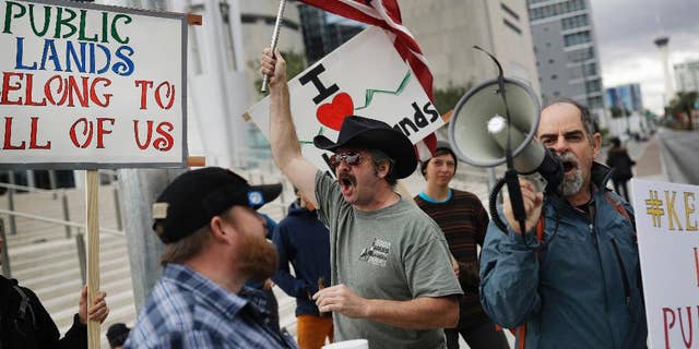 A crowd outside the Las Vegas federal courthouse Monday.