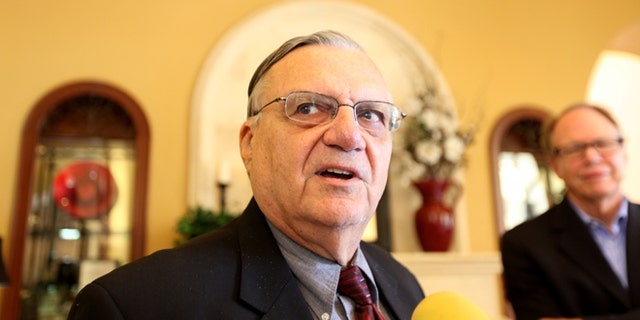 RANCHO BERNARDO, CA - AUGUST 10: Sheriff Joe Arpaio speaks to members of the media during a visit to the Rancho Bernardo Inn on August 10, 2010 in Rancho Bernardo, California. Arpaio, who is Sheriff of Maricopa County in Arizona, gained national attention for using deputies to conduct raids to apprehend illegal immigrants and building large outdoor prison tents to house inmates. (Photo by Sandy Huffaker/Getty Images)