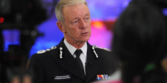 Britain's Metropolitan Police Commissioner Bernard Hogan-Howe speaks to media at the Metropolitan Police Control Centre in central London, Thursday, Sept. 29, 2016. Hogan-Howe, Britain's most senior police officer, has announced he'll retire in February, seven months before his contract expires. (Nick Ansell/PA via AP)